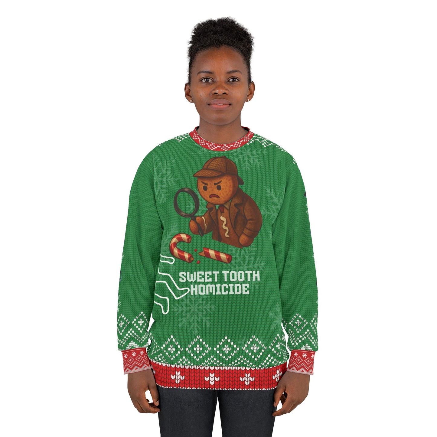 Sweet Tooth Homicide Ugly Christmas Sweater – Funny Gingerbread Crime Scene Sweatshirt | True Crime Christmas Sweater for Holiday Mystery Fans