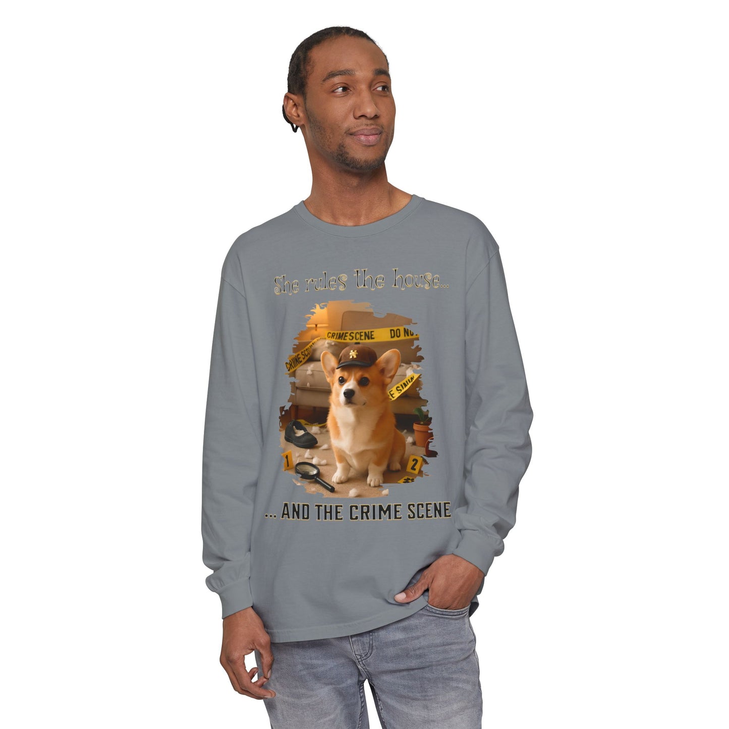 Corgi Crime Scene Unisex Long Sleeve T-Shirt, Funny Dog in Baseball Cap Tee, She Runs The House Apparel, Cute Pet Lover Gift, Casual Cotton