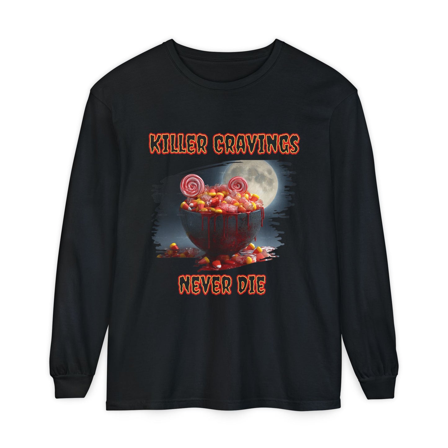 Halloween Candy Bowl Long Sleeve T-Shirt, Spooky Candy Corn Lollipops Moonlight Glow, Killer Cravings Never Die, Unisex Tee, Halloween