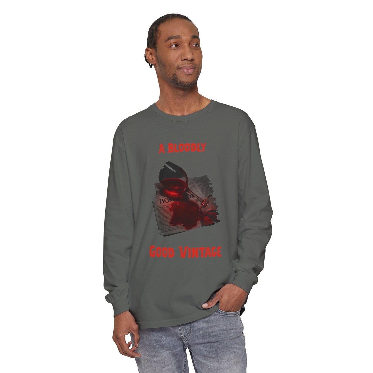 Wine Glass Long Sleeve T-Shirt, Bloody Good Vintage, Unisex Tee, Red Wine Shirt, Newspaper Print Top, Dark Graphic Tee, Wine Stain Shirt