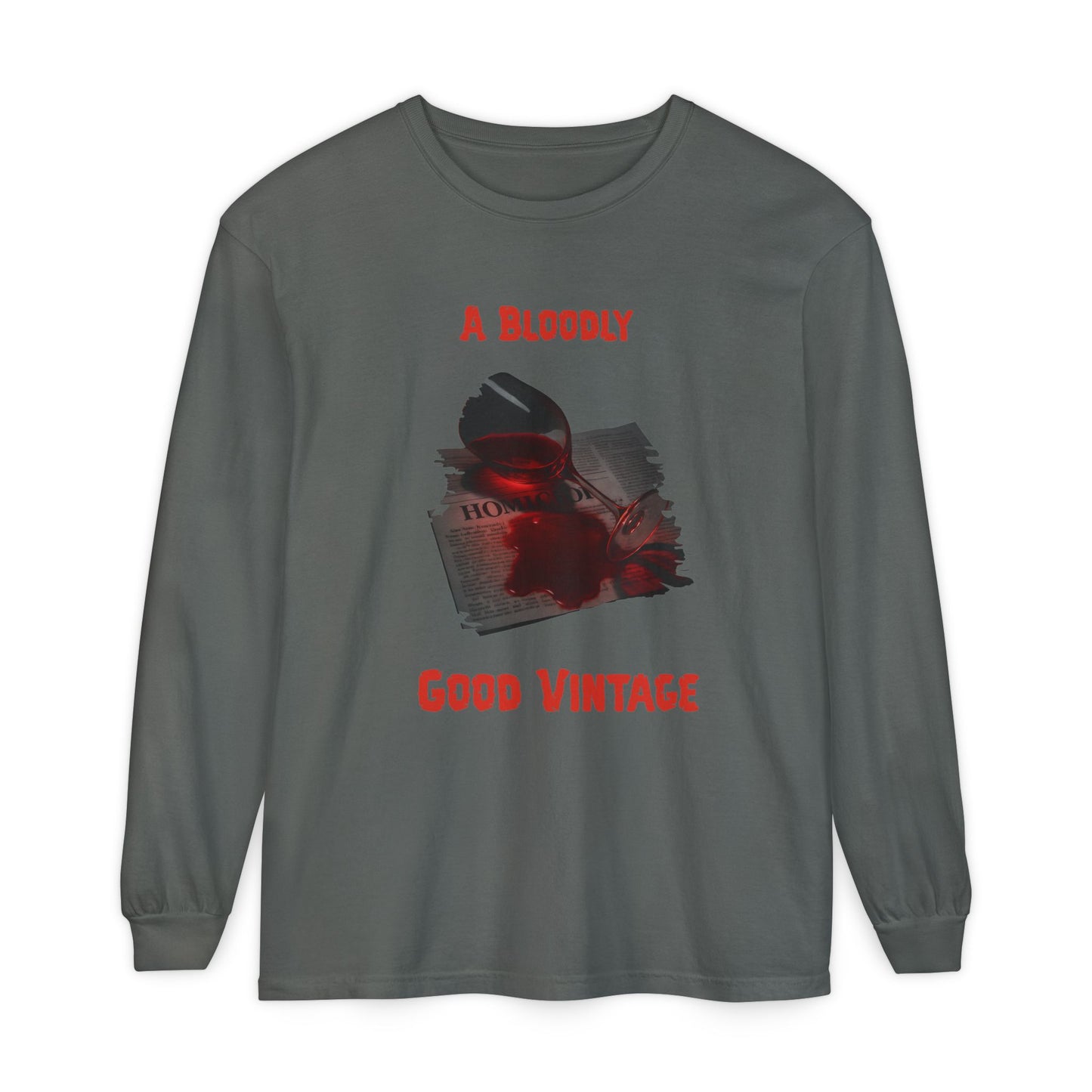 Wine Glass Long Sleeve T-Shirt, Bloody Good Vintage, Unisex Tee, Red Wine Shirt, Newspaper Print Top, Dark Graphic Tee, Wine Stain Shirt