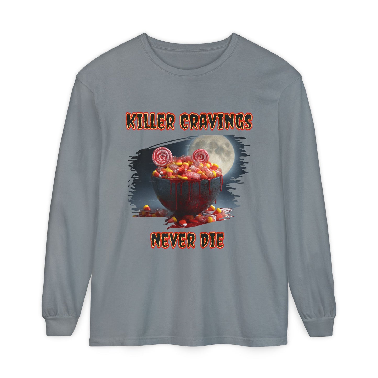 Halloween Candy Bowl Long Sleeve T-Shirt, Spooky Candy Corn Lollipops Moonlight Glow, Killer Cravings Never Die, Unisex Tee, Halloween