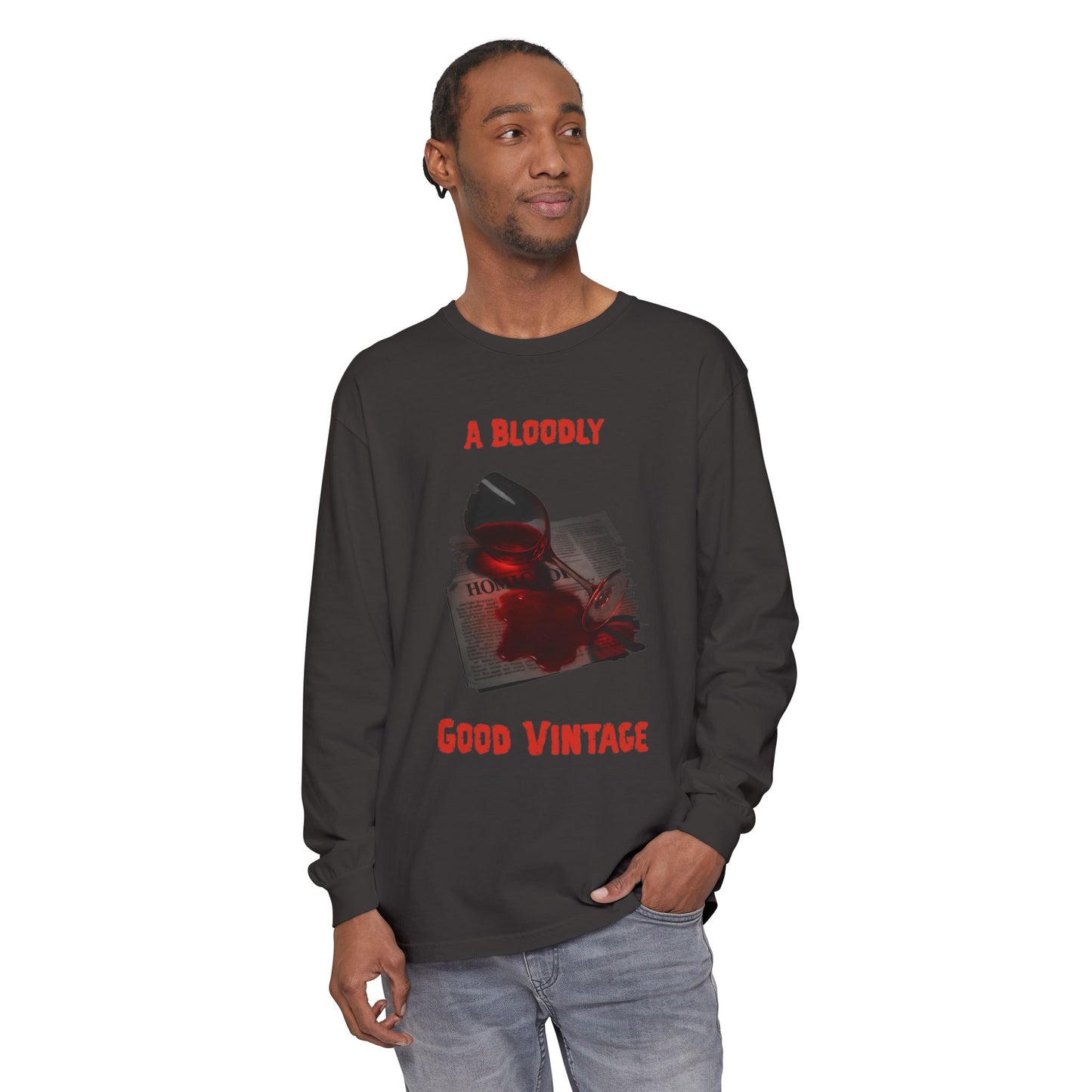 Wine Glass Long Sleeve T-Shirt, Bloody Good Vintage, Unisex Tee, Red Wine Shirt, Newspaper Print Top, Dark Graphic Tee, Wine Stain Shirt