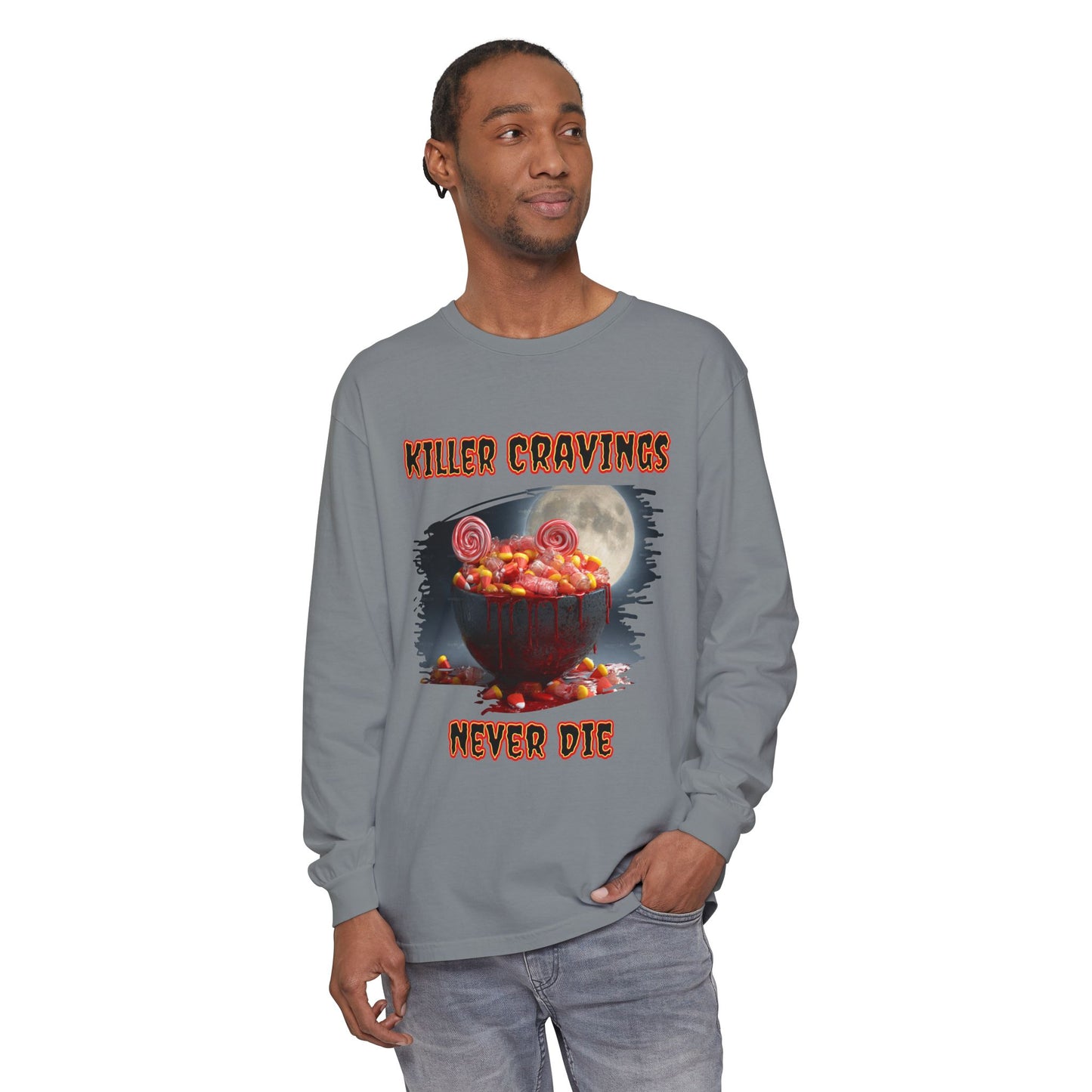 Halloween Candy Bowl Long Sleeve T-Shirt, Spooky Candy Corn Lollipops Moonlight Glow, Killer Cravings Never Die, Unisex Tee, Halloween