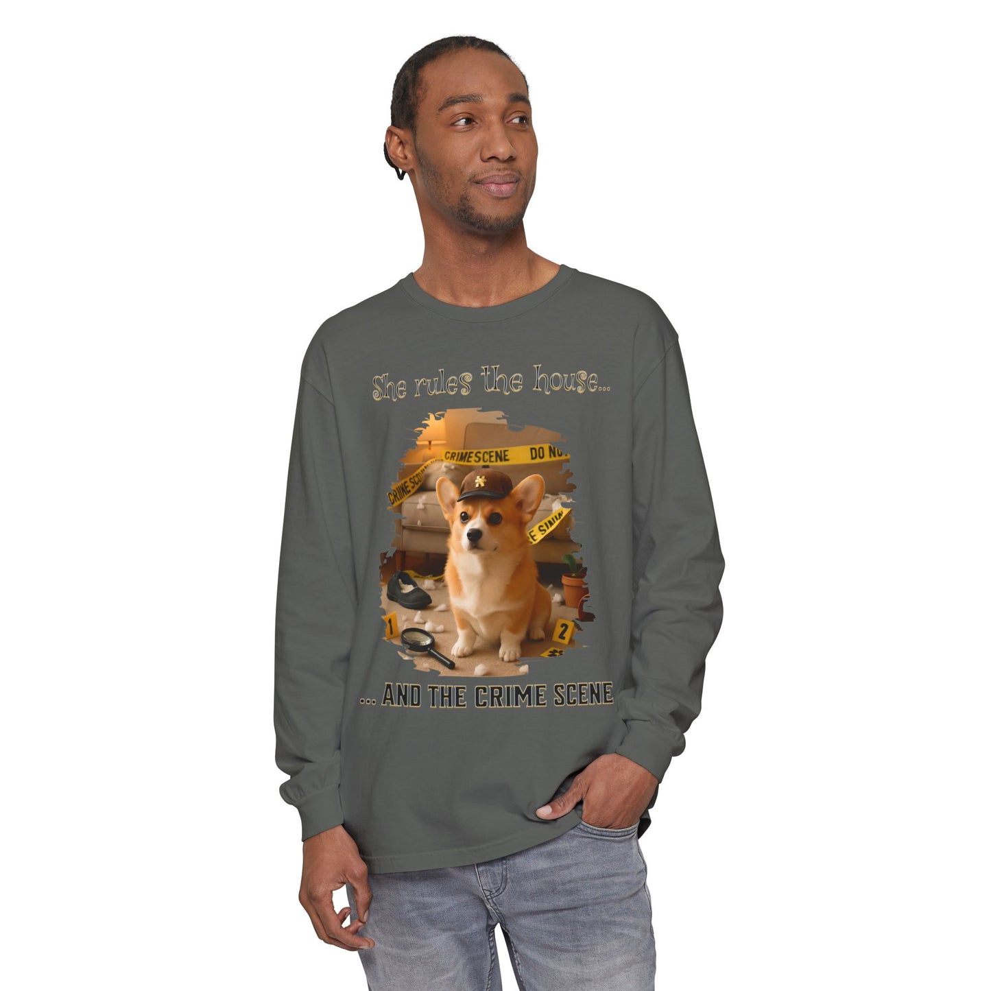 Corgi Crime Scene Unisex Long Sleeve T-Shirt, Funny Dog in Baseball Cap Tee, She Runs The House Apparel, Cute Pet Lover Gift, Casual Cotton