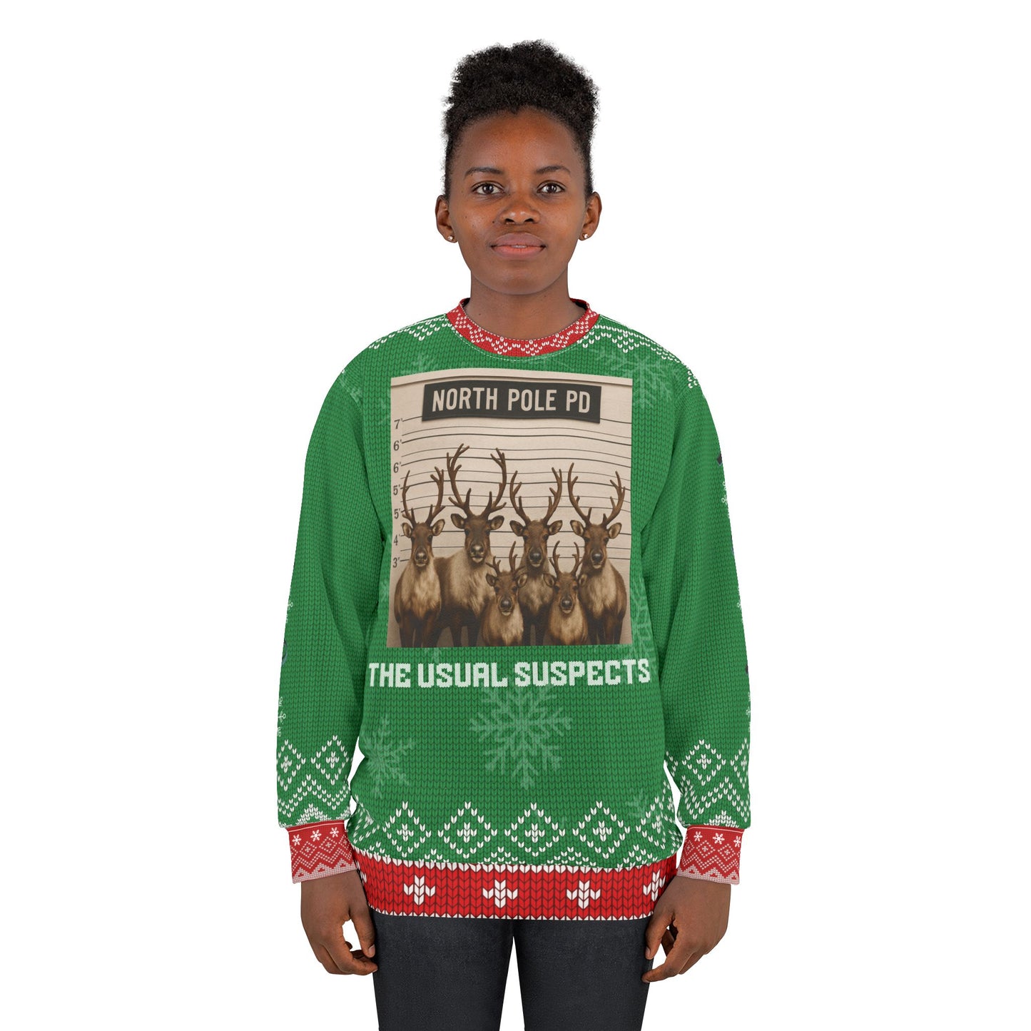 Funny Reindeer Christmas Sweater – “North Pole PD: The Usual Suspects” Ugly Christmas Sweatshirt | Hilarious Holiday Party Sweater for Men & Women