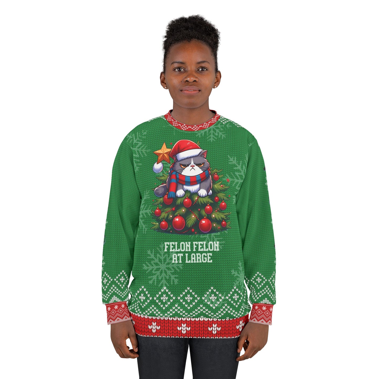 Felon Feline Ugly Christmas Sweater – Funny Cat Crime Show Christmas Sweatshirt | “Felon Feline at Large” Holiday Sweater for True Crime Lovers