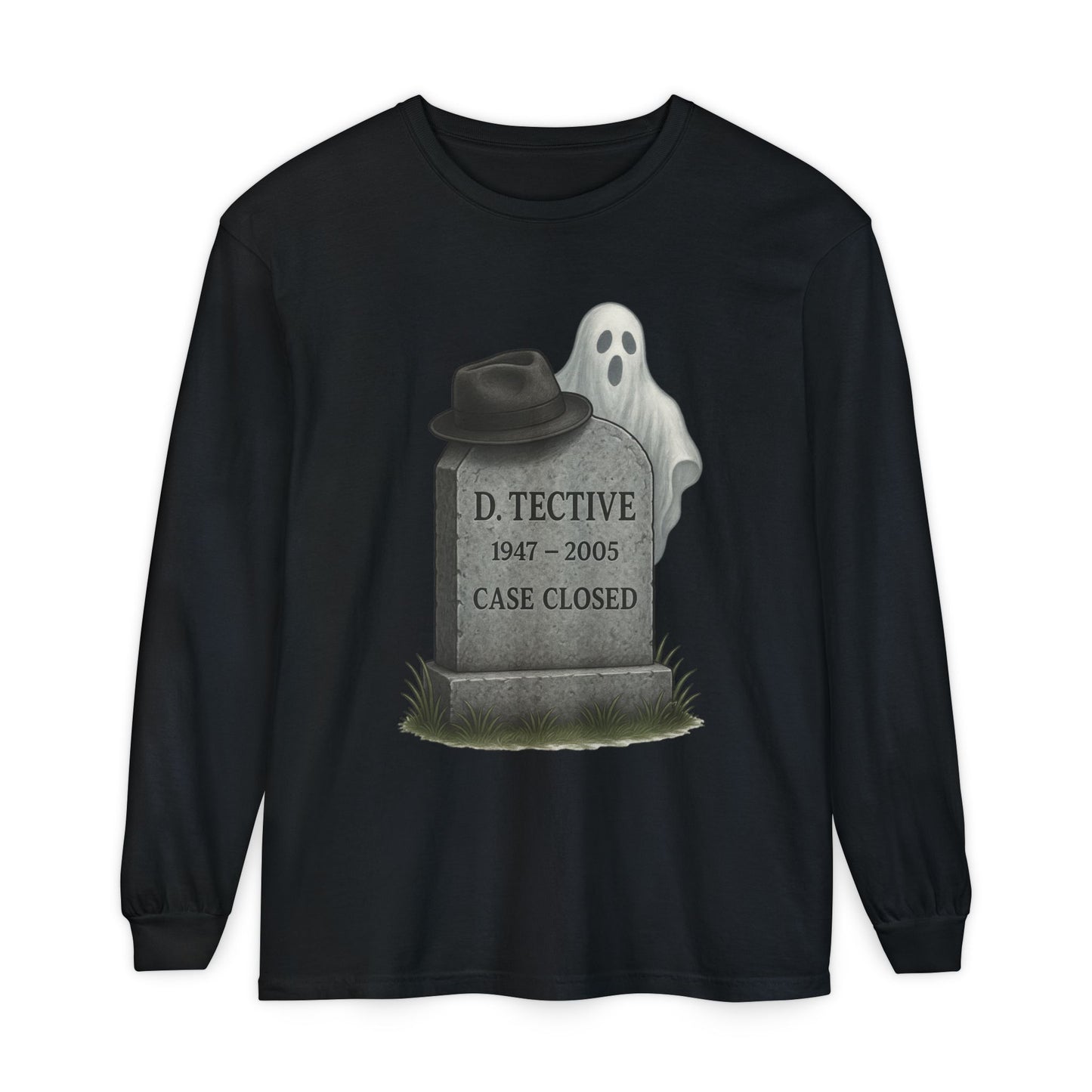Ghost Detective Tombstone Unisex Long Sleeve Shirt, Halloween Apparel, Case Closed, Detective Hat, Gift for Mystery Lover,