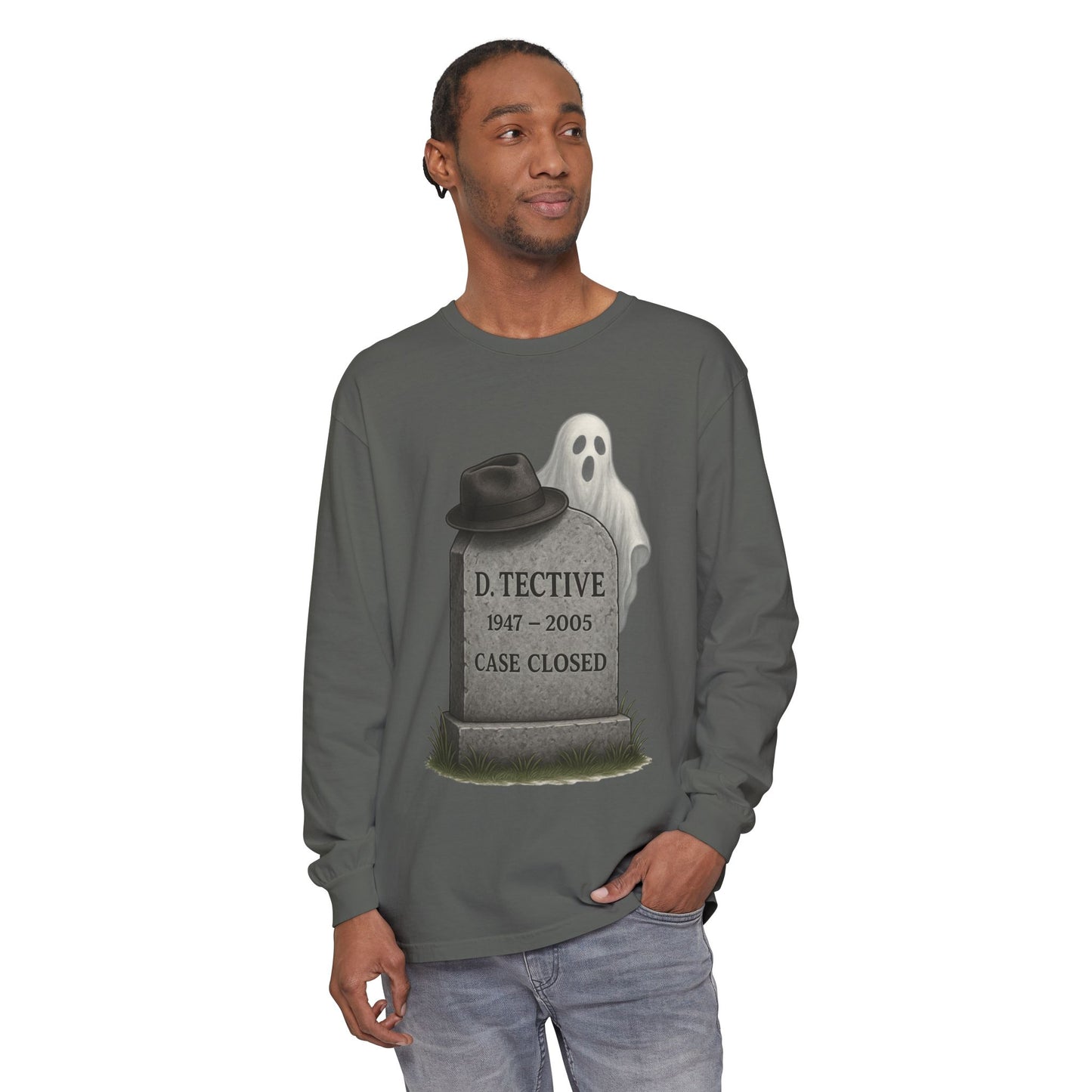 Ghost Detective Tombstone Unisex Long Sleeve Shirt, Halloween Apparel, Case Closed, Detective Hat, Gift for Mystery Lover,
