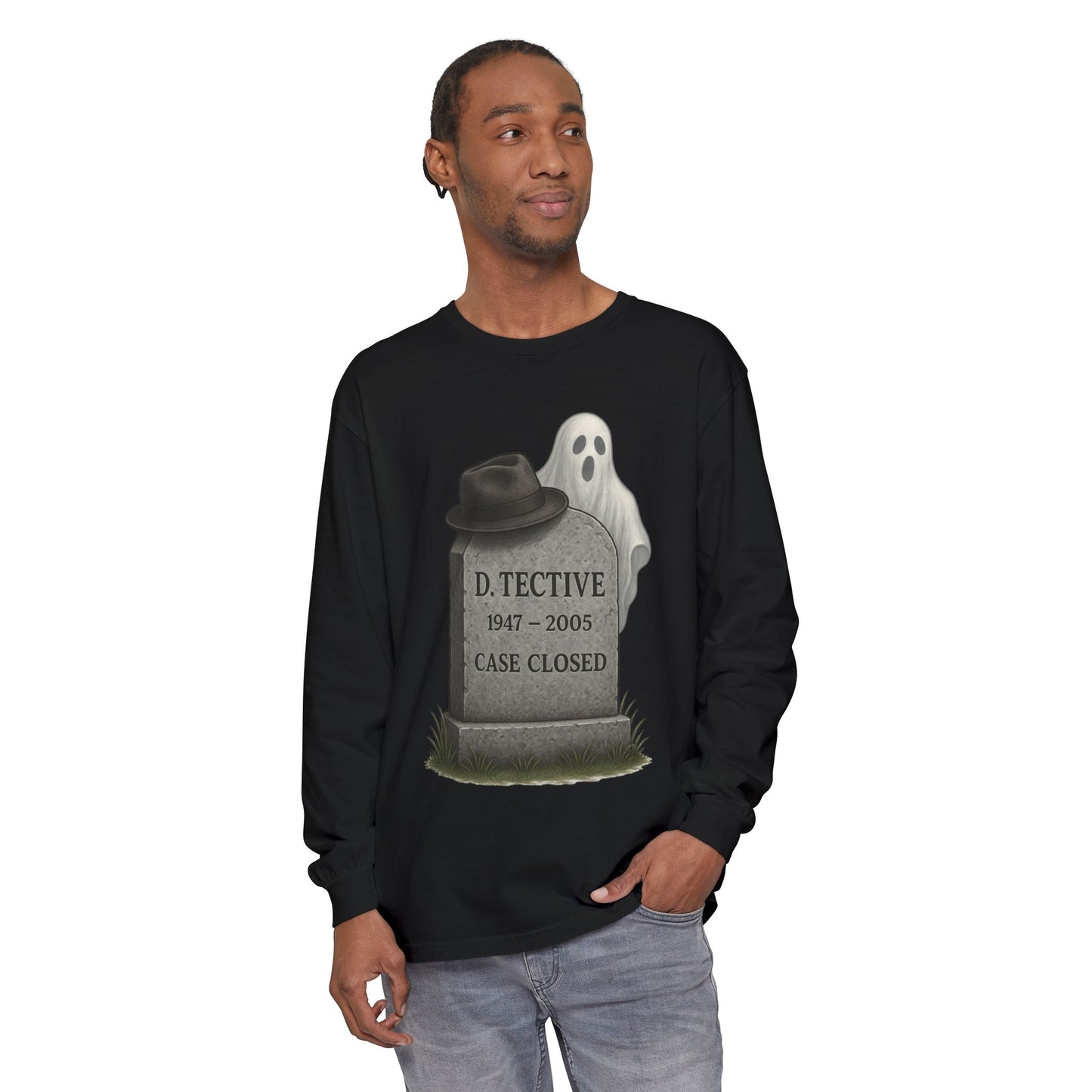 Ghost Detective Tombstone Unisex Long Sleeve Shirt, Halloween Apparel, Case Closed, Detective Hat, Gift for Mystery Lover,