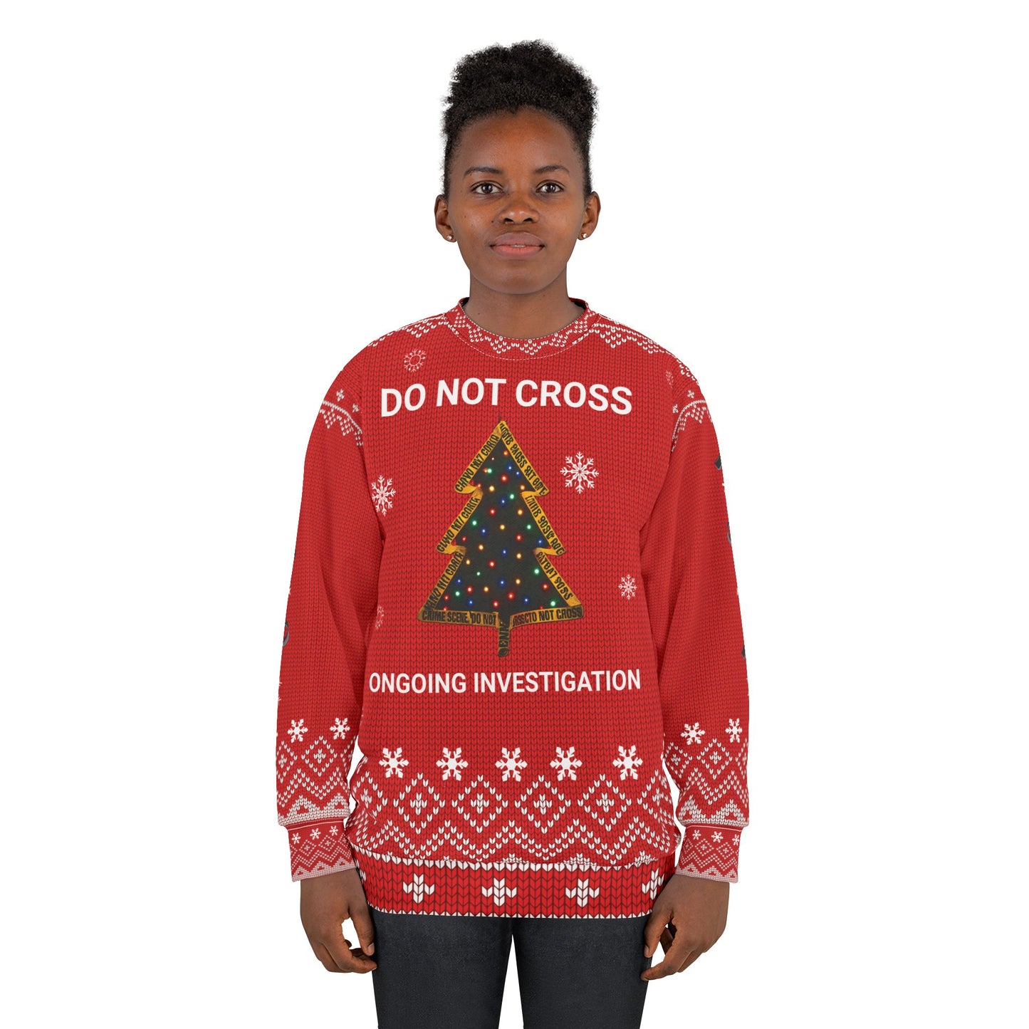 Crime Scene Christmas Sweater – Funny “Do Not Cross, Ongoing Investigation” Ugly Christmas Sweatshirt | True Crime Holiday Sweater for Mystery Lovers