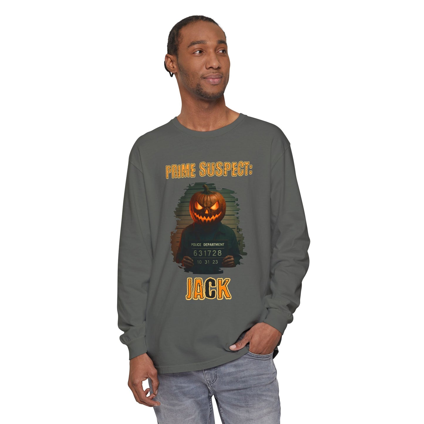 Photorealistic Pumpkin Mask Mugshot Unisex Long Sleeve Shirt, Halloween Costume, Jack-O-Lantern Gift, Fall Apparel, Halloween Party Outfit