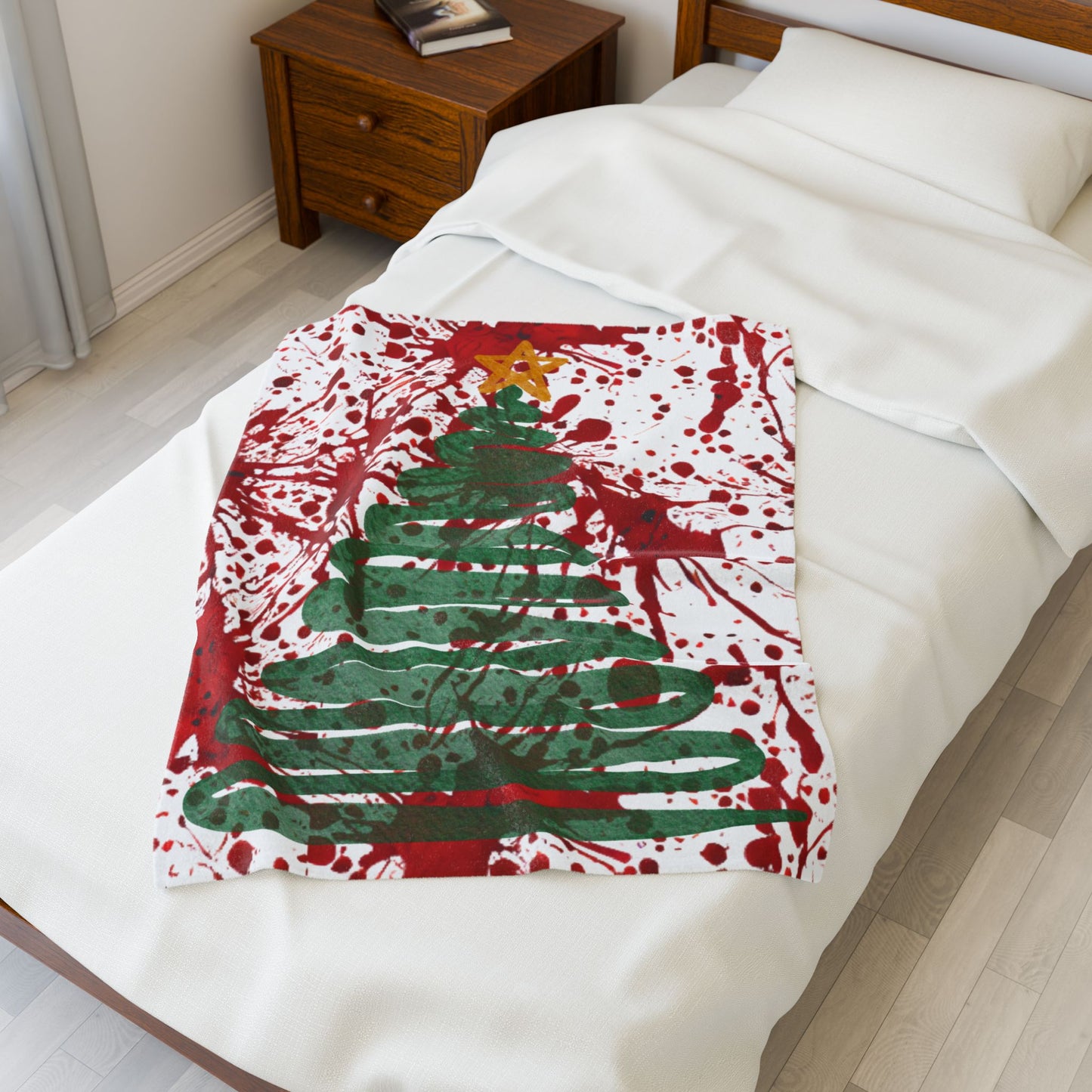 CRIME SHOW ADDICTS True Crime Christmas Blanket – Blood Splatter Tree Cozy Flannel Throw | Horror Holiday Blanket for Crime Show Fans | Soft Winter Couch & Bed Throw