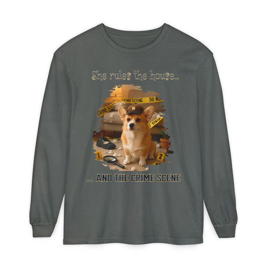 Corgi Crime Scene Unisex Long Sleeve T-Shirt, Funny Dog in Baseball Cap Tee, She Runs The House Apparel, Cute Pet Lover Gift, Casual Cotton