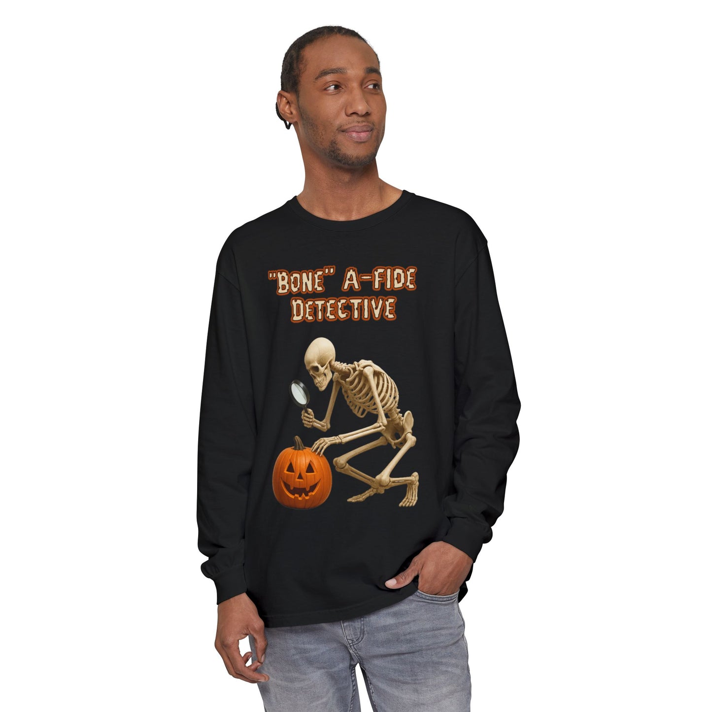 Long Sleeve T-Shirt Bone-a-fide Detective Halloween Skeleton Design