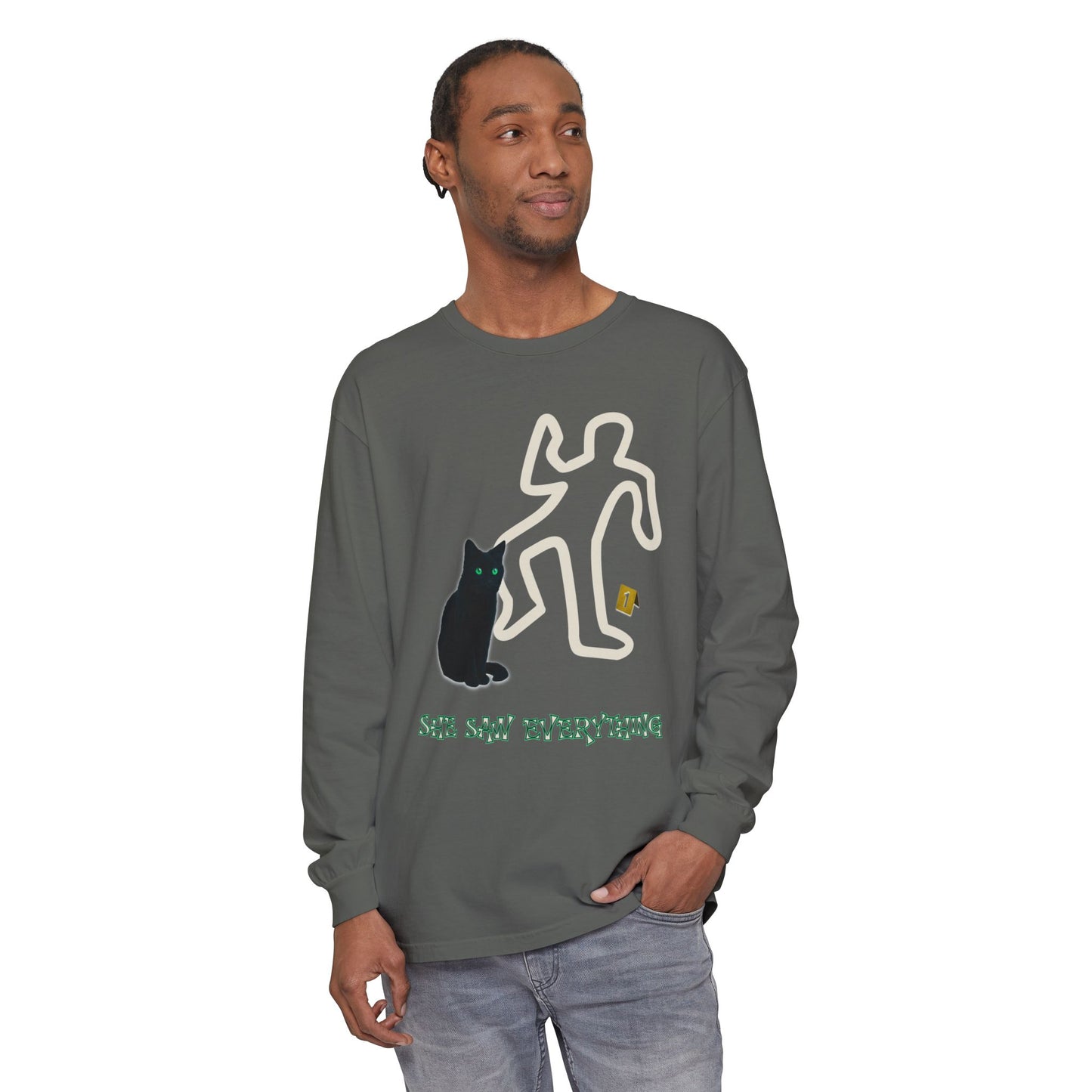 Long Sleeve T-Shirt Black Cat with Green Eyes Crime Scene Design