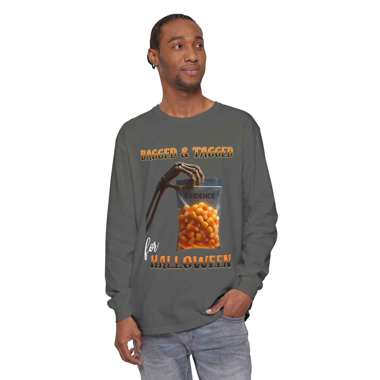 Halloween Long Sleeve T-Shirt, Skeleton Hand Candy Corn Glow Bag, Spooky Tee, Trick or Treat Top, Creepy Costume Shirt, October Apparel