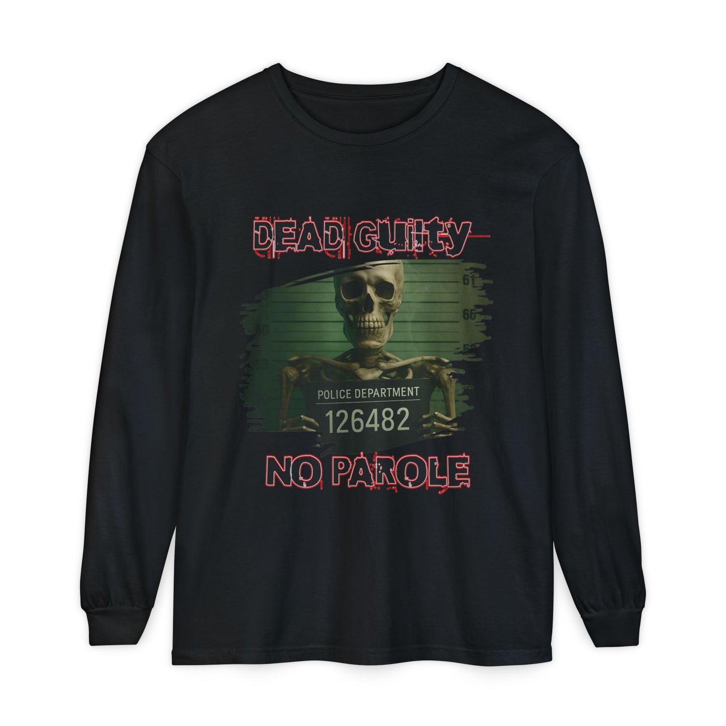 Skeleton Mugshot Long Sleeve T-Shirt, Eerie Halloween Shirt, Creepy Green Glow Tee, Unisex Police Height Chart Top, Faint Cobwebs Goth