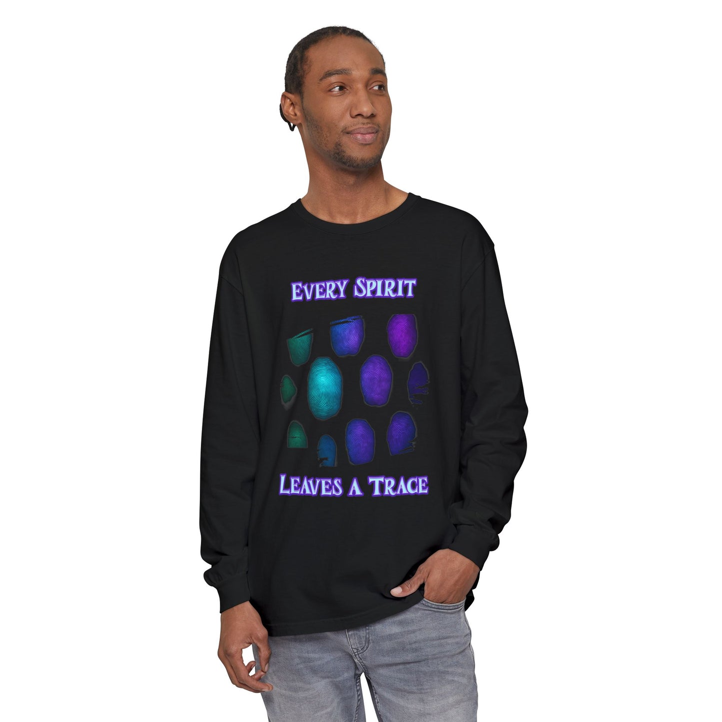 Glowing Ghostly Fingerprints Long Sleeve T-Shirt, Neon Spirit Trace Tee, Halloween Apparel, Spooky Gift, Paranormal Clothing, Eerie Top