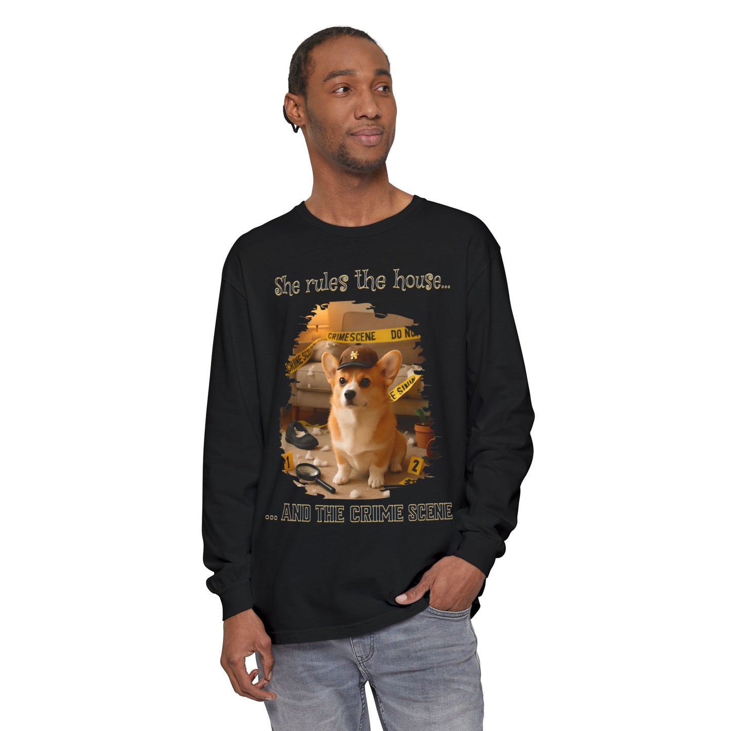 Corgi Crime Scene Unisex Long Sleeve T-Shirt, Funny Dog in Baseball Cap Tee, She Runs The House Apparel, Cute Pet Lover Gift, Casual Cotton