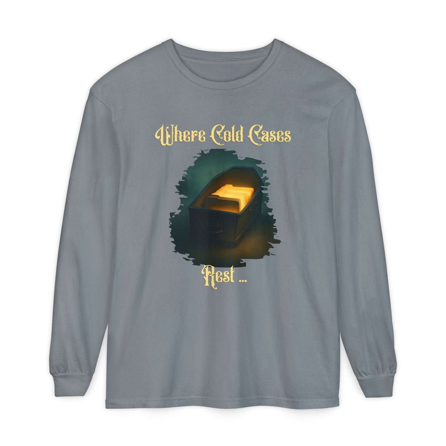 Coffin Drawer Long Sleeve T-Shirt, Mystery Gift, True Crime Merch, Cold Case Shirt, Halloween Outfit, Crime Scene Costume