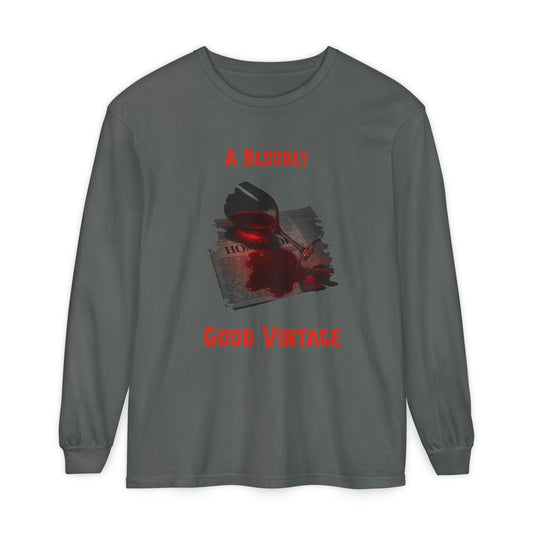 Wine Glass Long Sleeve T-Shirt, Bloody Good Vintage, Unisex Tee, Red Wine Shirt, Newspaper Print Top, Dark Graphic Tee, Wine Stain Shirt