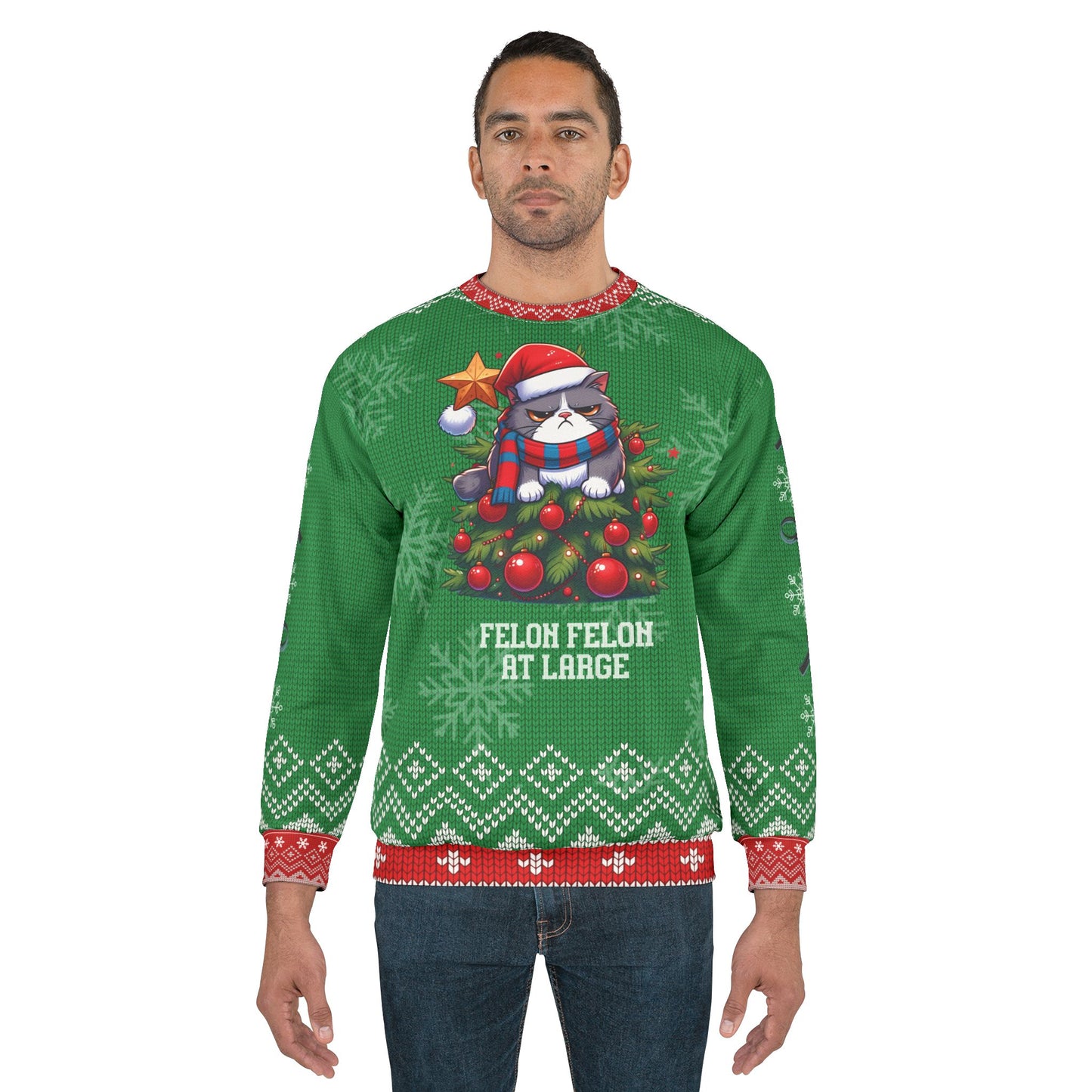 Felon Feline Ugly Christmas Sweater – Funny Cat Crime Show Christmas Sweatshirt | “Felon Feline at Large” Holiday Sweater for True Crime Lovers