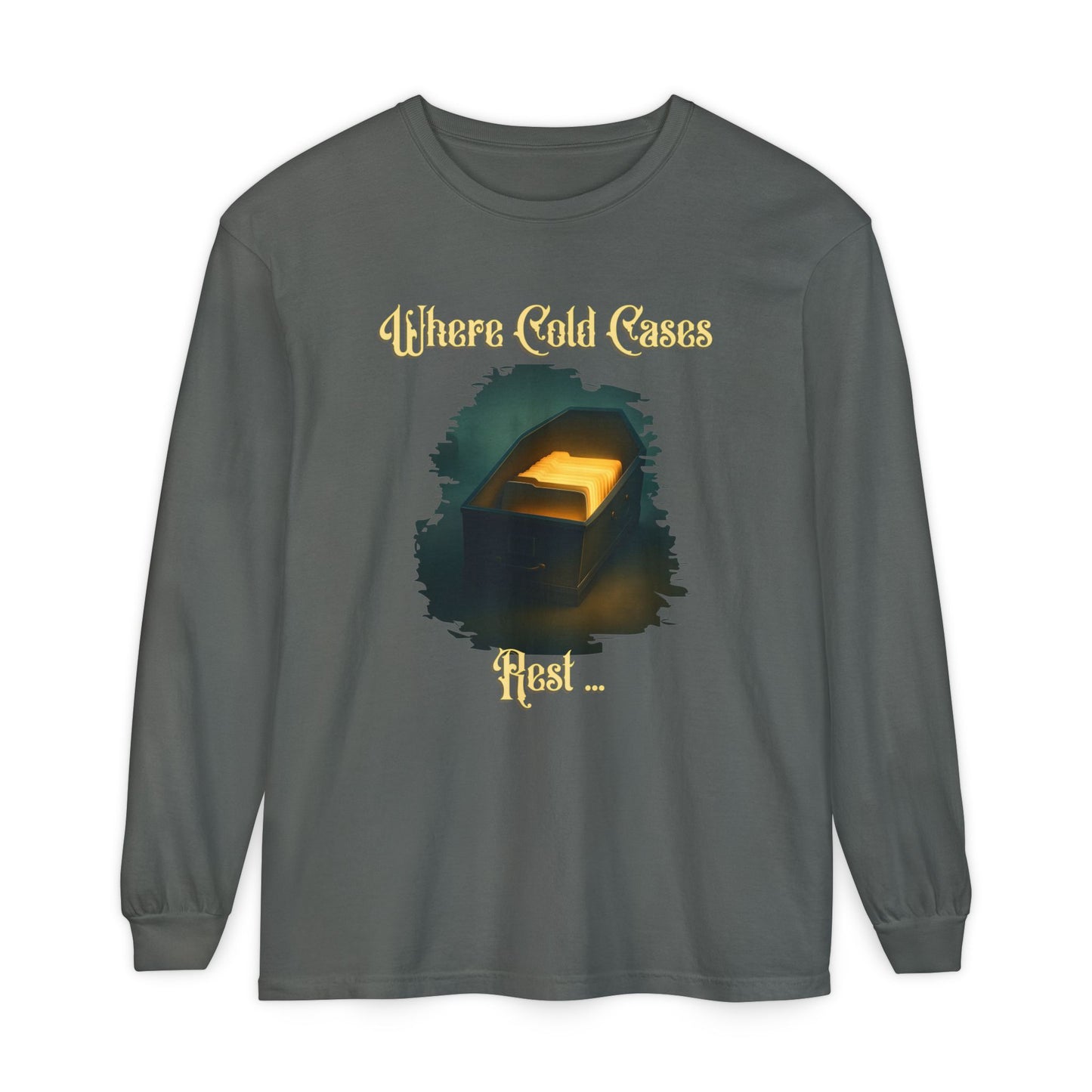 Coffin Drawer Long Sleeve T-Shirt, Mystery Gift, True Crime Merch, Cold Case Shirt, Halloween Outfit, Crime Scene Costume