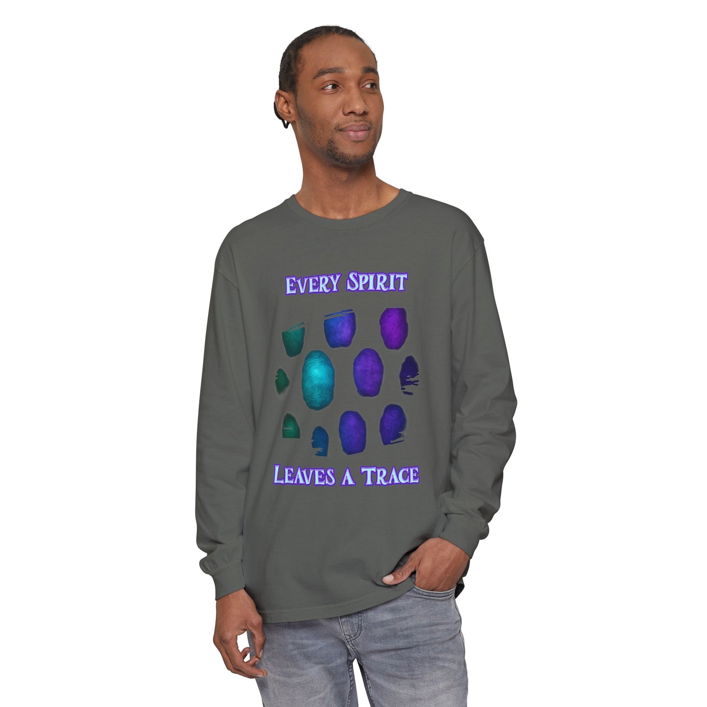 Glowing Ghostly Fingerprints Long Sleeve T-Shirt, Neon Spirit Trace Tee, Halloween Apparel, Spooky Gift, Paranormal Clothing, Eerie Top