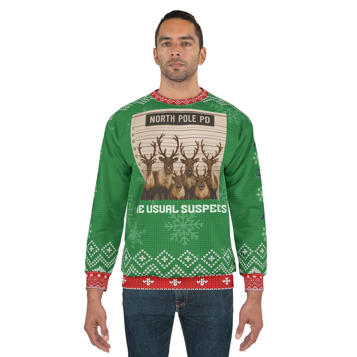 Funny Reindeer Christmas Sweater – “North Pole PD: The Usual Suspects” Ugly Christmas Sweatshirt | Hilarious Holiday Party Sweater for Men & Women