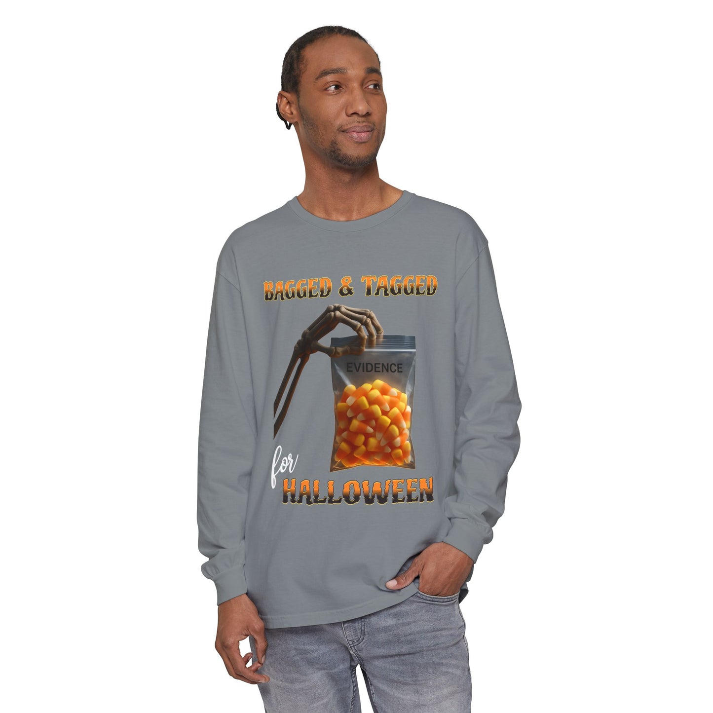 Halloween Long Sleeve T-Shirt, Skeleton Hand Candy Corn Glow Bag, Spooky Tee, Trick or Treat Top, Creepy Costume Shirt, October Apparel