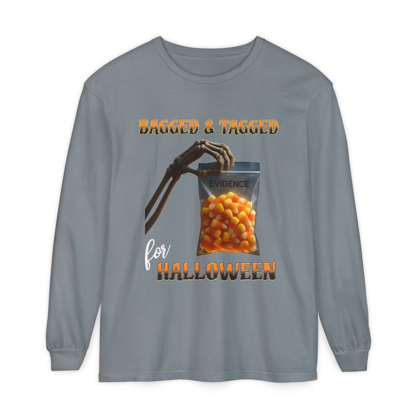 Halloween Long Sleeve T-Shirt, Skeleton Hand Candy Corn Glow Bag, Spooky Tee, Trick or Treat Top, Creepy Costume Shirt, October Apparel
