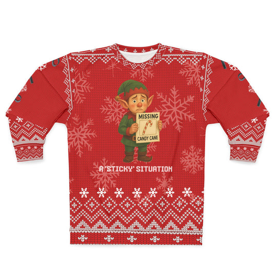 A Sticky Situation Ugly Christmas Sweater – Funny Elf Crime Scene Sweatshirt | Candy Cane Mystery Christmas Sweater for True Crime Fans