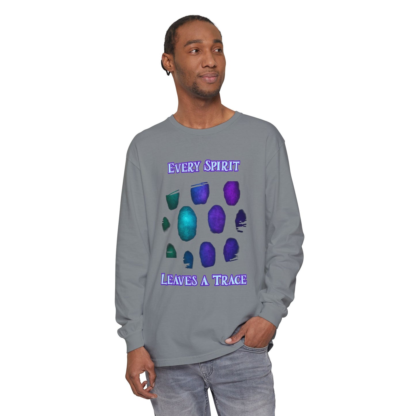 Glowing Ghostly Fingerprints Long Sleeve T-Shirt, Neon Spirit Trace Tee, Halloween Apparel, Spooky Gift, Paranormal Clothing, Eerie Top