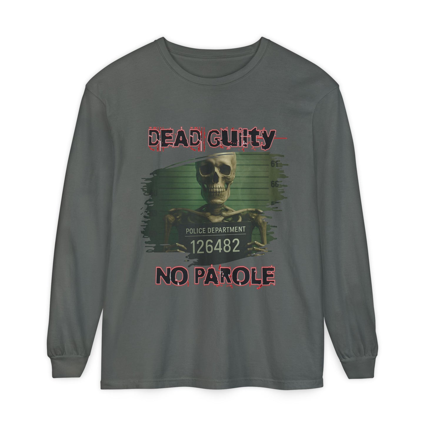 Skeleton Mugshot Long Sleeve T-Shirt, Eerie Halloween Shirt, Creepy Green Glow Tee, Unisex Police Height Chart Top, Faint Cobwebs Goth