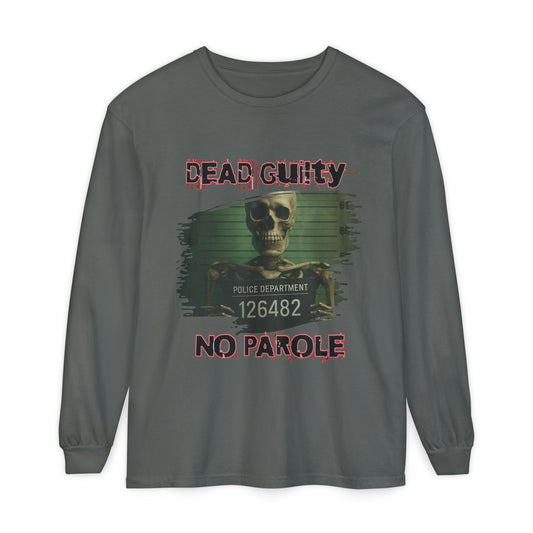 Skeleton Mugshot Long Sleeve T-Shirt, Eerie Halloween Shirt, Creepy Green Glow Tee, Unisex Police Height Chart Top, Faint Cobwebs Goth