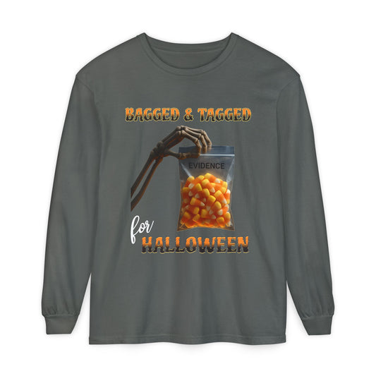 Halloween Long Sleeve T-Shirt, Skeleton Hand Candy Corn Glow Bag, Spooky Tee, Trick or Treat Top, Creepy Costume Shirt, October Apparel