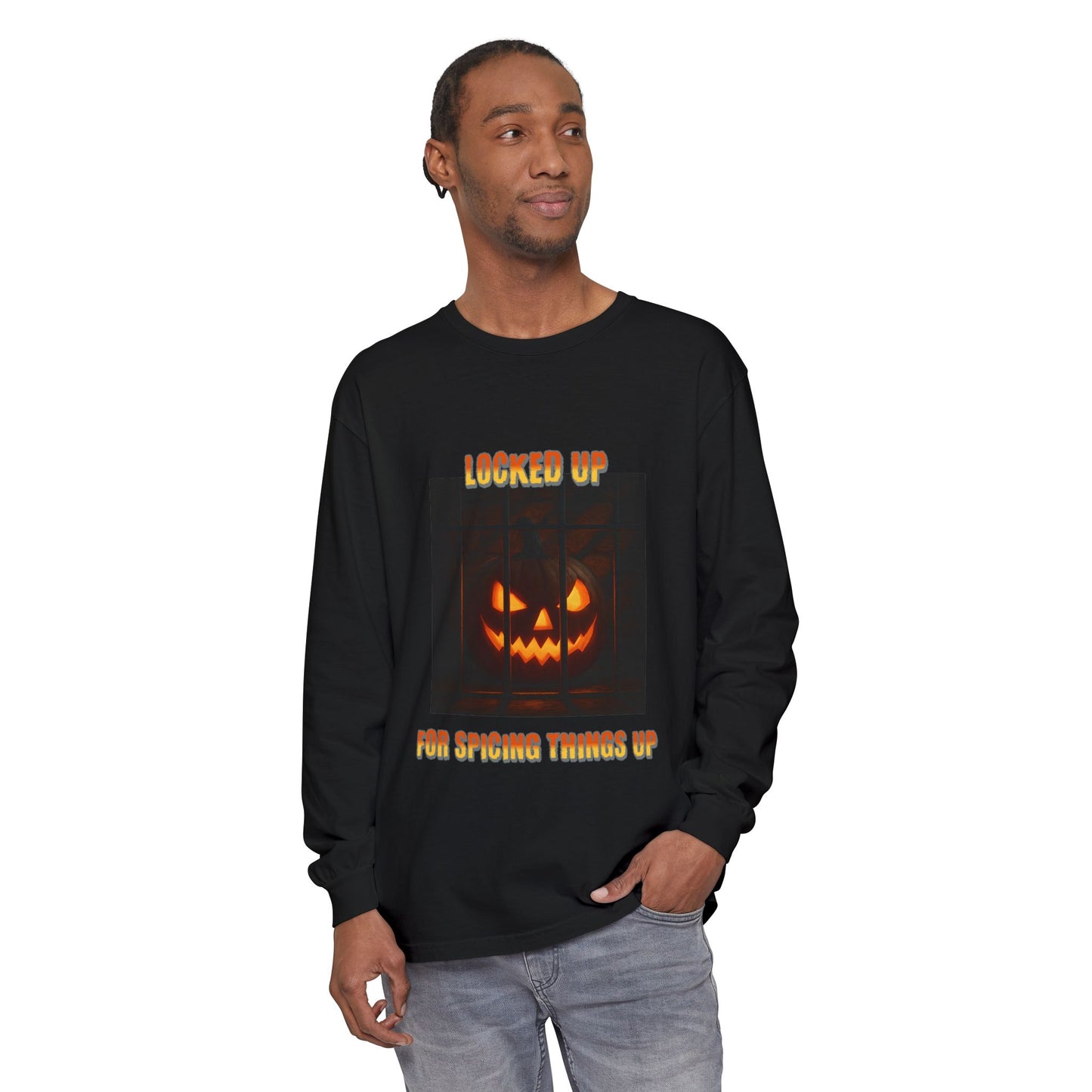 Garment-dyed Long Sleeve T-Shirt with Photorealistic Pumpkin Design, Locked up for Spicing Things Up, Halloween Shirt, Fall Tshirt, Orange