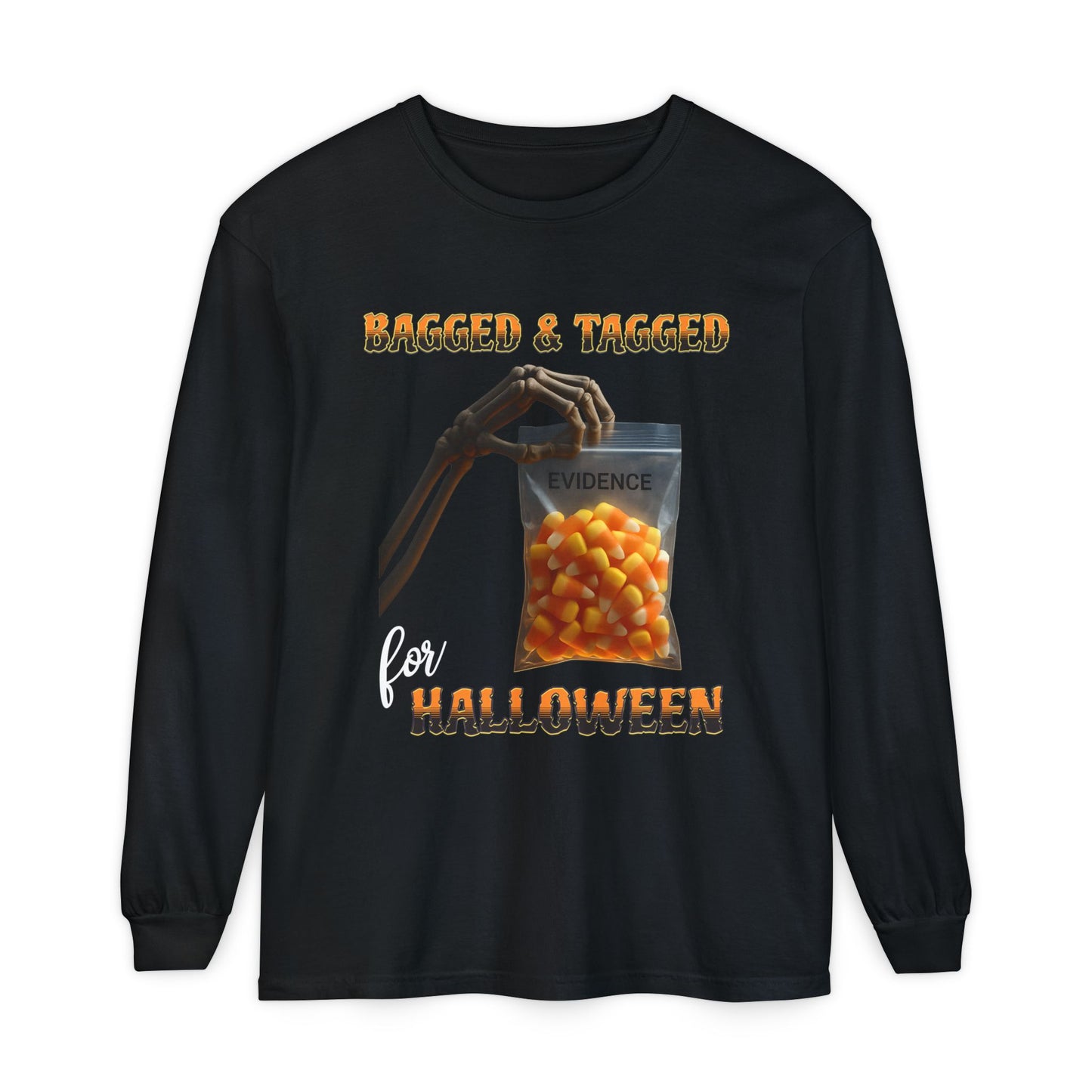 Halloween Long Sleeve T-Shirt, Skeleton Hand Candy Corn Glow Bag, Spooky Tee, Trick or Treat Top, Creepy Costume Shirt, October Apparel