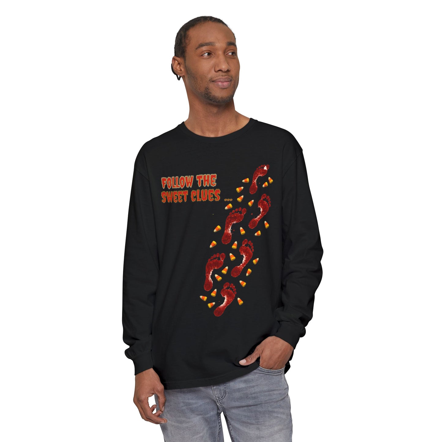 Long Sleeve T-Shirt - Follow the Sweet Clues - Bloody Footprints and Candy Corn Design