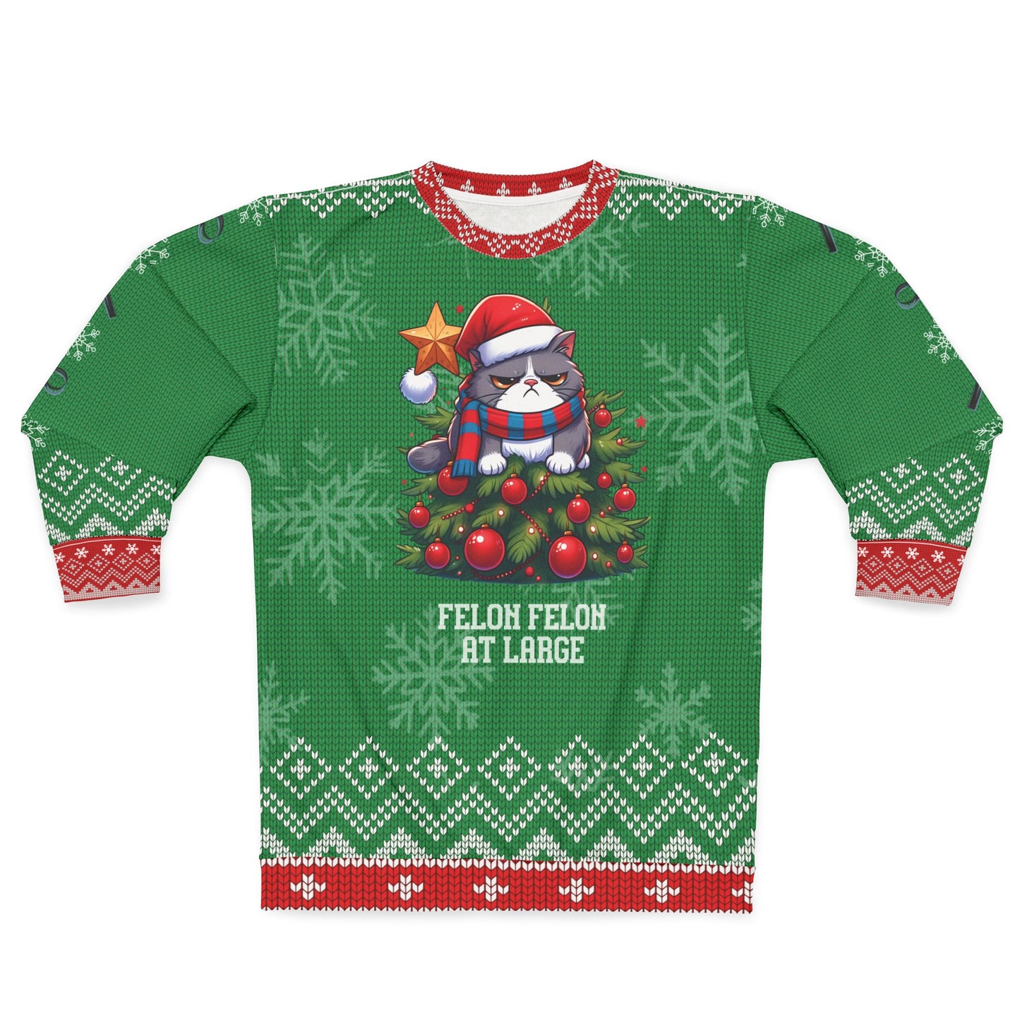 Felon Feline Ugly Christmas Sweater – Funny Cat Crime Show Christmas Sweatshirt | “Felon Feline at Large” Holiday Sweater for True Crime Lovers