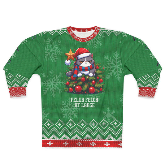 Felon Feline Ugly Christmas Sweater – Funny Cat Crime Show Christmas Sweatshirt | “Felon Feline at Large” Holiday Sweater for True Crime Lovers