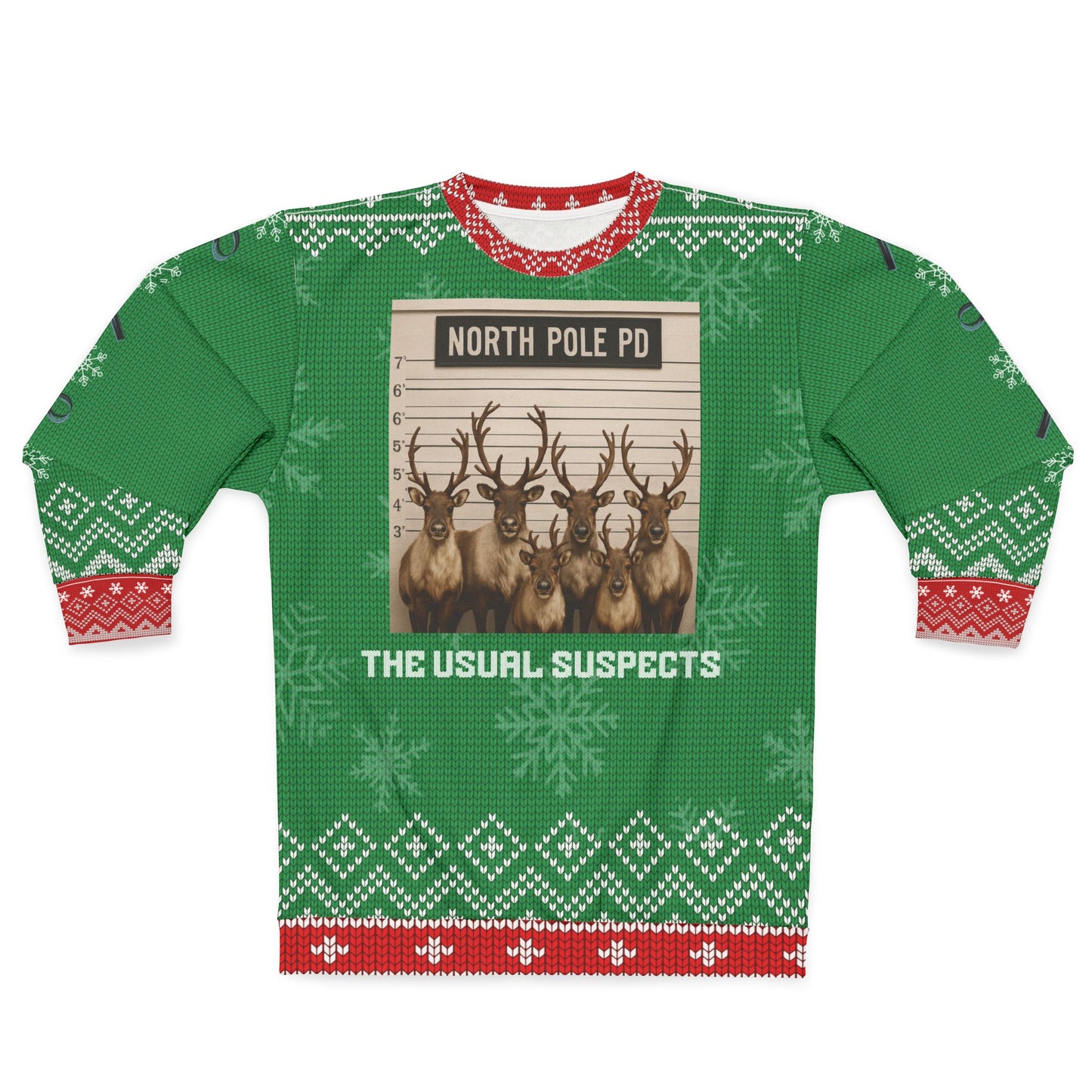 Funny Reindeer Christmas Sweater – “North Pole PD: The Usual Suspects” Ugly Christmas Sweatshirt | Hilarious Holiday Party Sweater for Men & Women
