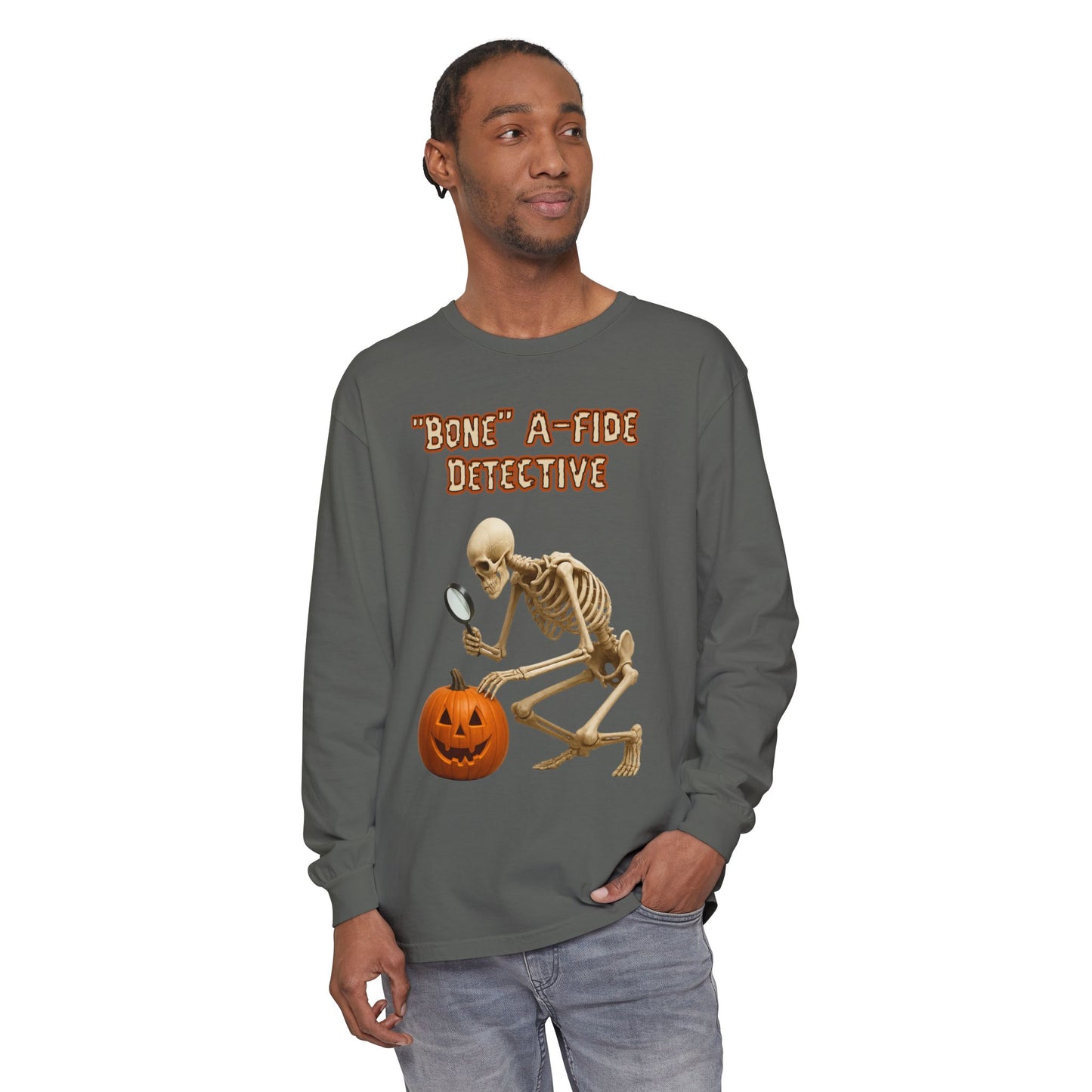 Long Sleeve T-Shirt Bone-a-fide Detective Halloween Skeleton Design