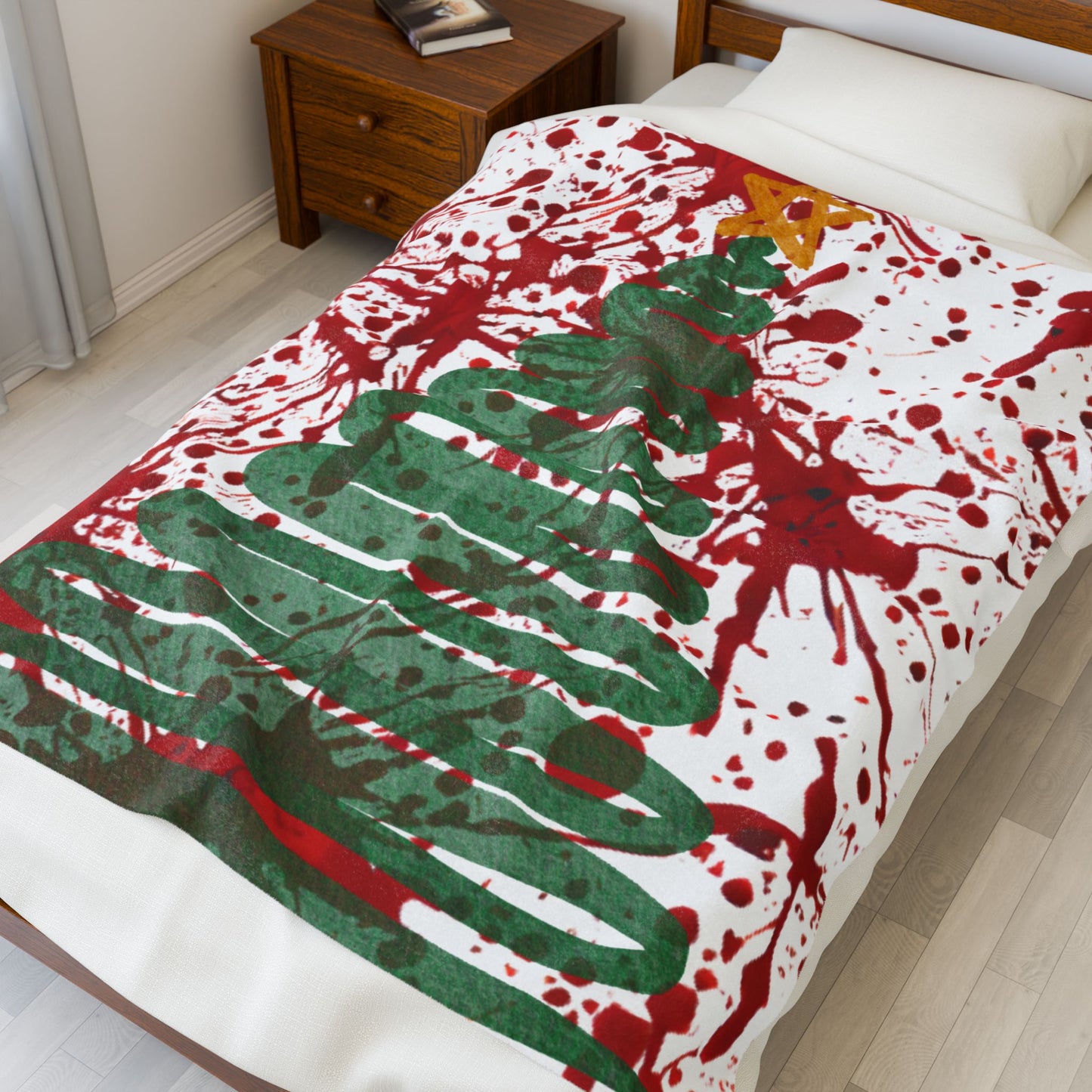 CRIME SHOW ADDICTS True Crime Christmas Blanket – Blood Splatter Tree Cozy Flannel Throw | Horror Holiday Blanket for Crime Show Fans | Soft Winter Couch & Bed Throw