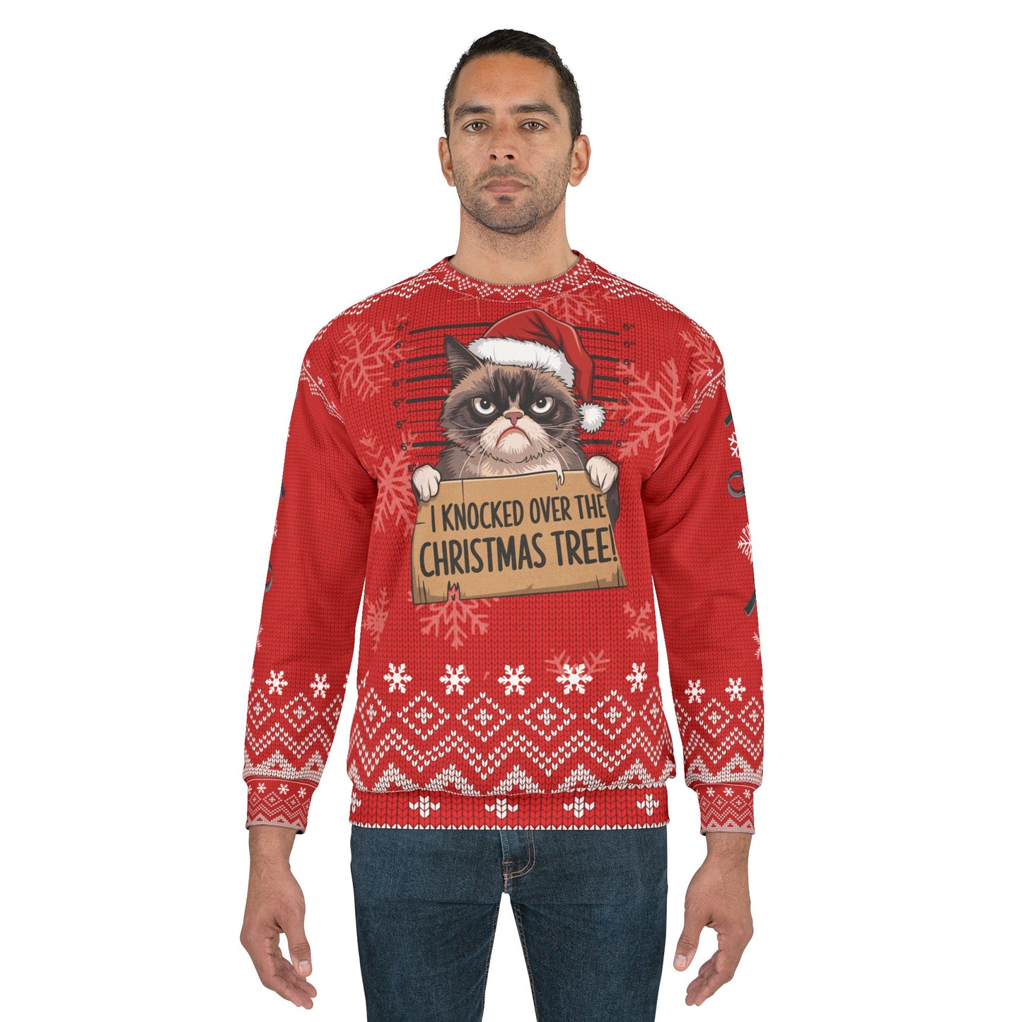Funny Cat Mugshot Ugly Christmas Sweater – “I Knocked Over the Christmas Tree” Sweatshirt | Crime Show Christmas Sweater for Cat Lovers & True Crime Fans