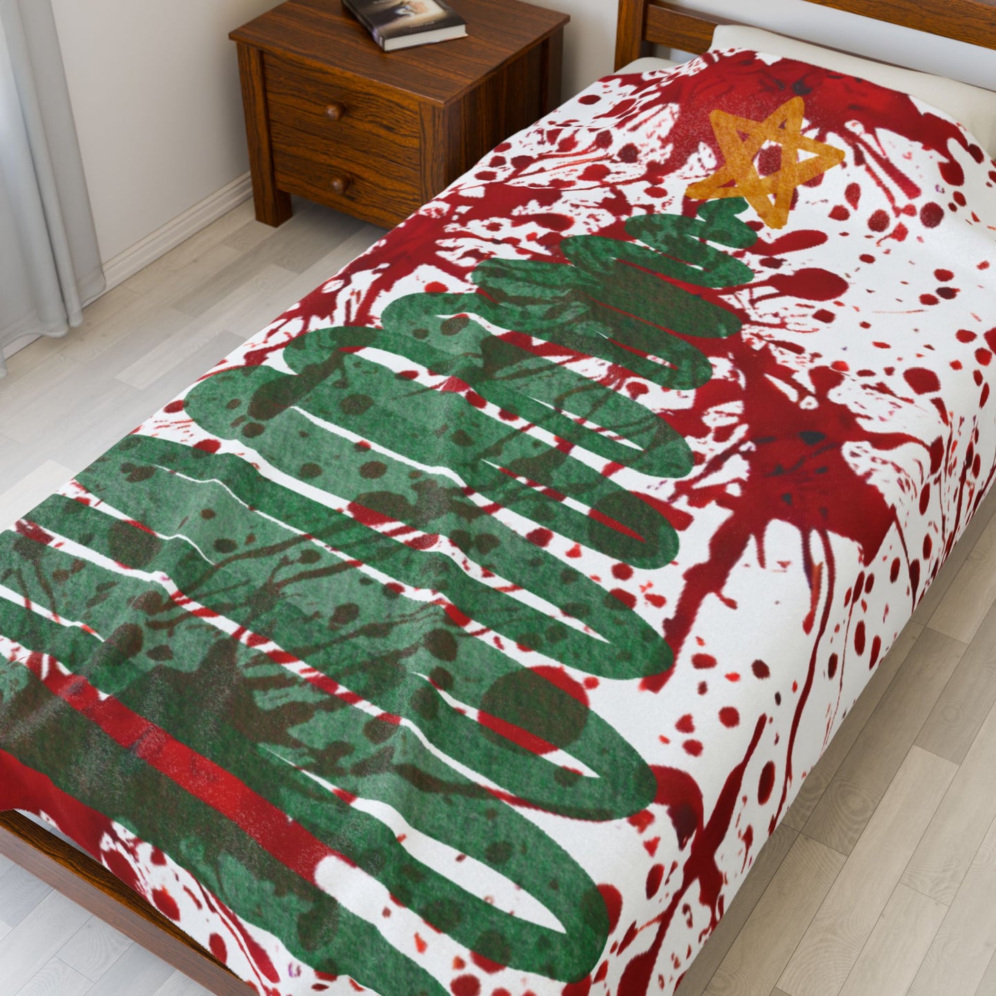 CRIME SHOW ADDICTS True Crime Christmas Blanket – Blood Splatter Tree Cozy Flannel Throw | Horror Holiday Blanket for Crime Show Fans | Soft Winter Couch & Bed Throw