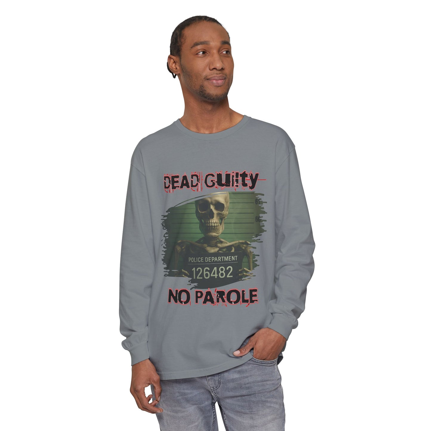 Skeleton Mugshot Long Sleeve T-Shirt, Eerie Halloween Shirt, Creepy Green Glow Tee, Unisex Police Height Chart Top, Faint Cobwebs Goth
