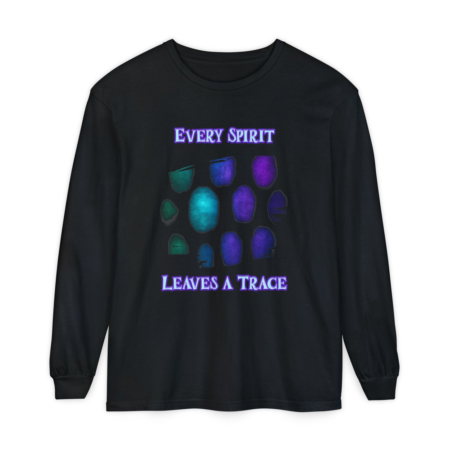 Glowing Ghostly Fingerprints Long Sleeve T-Shirt, Neon Spirit Trace Tee, Halloween Apparel, Spooky Gift, Paranormal Clothing, Eerie Top