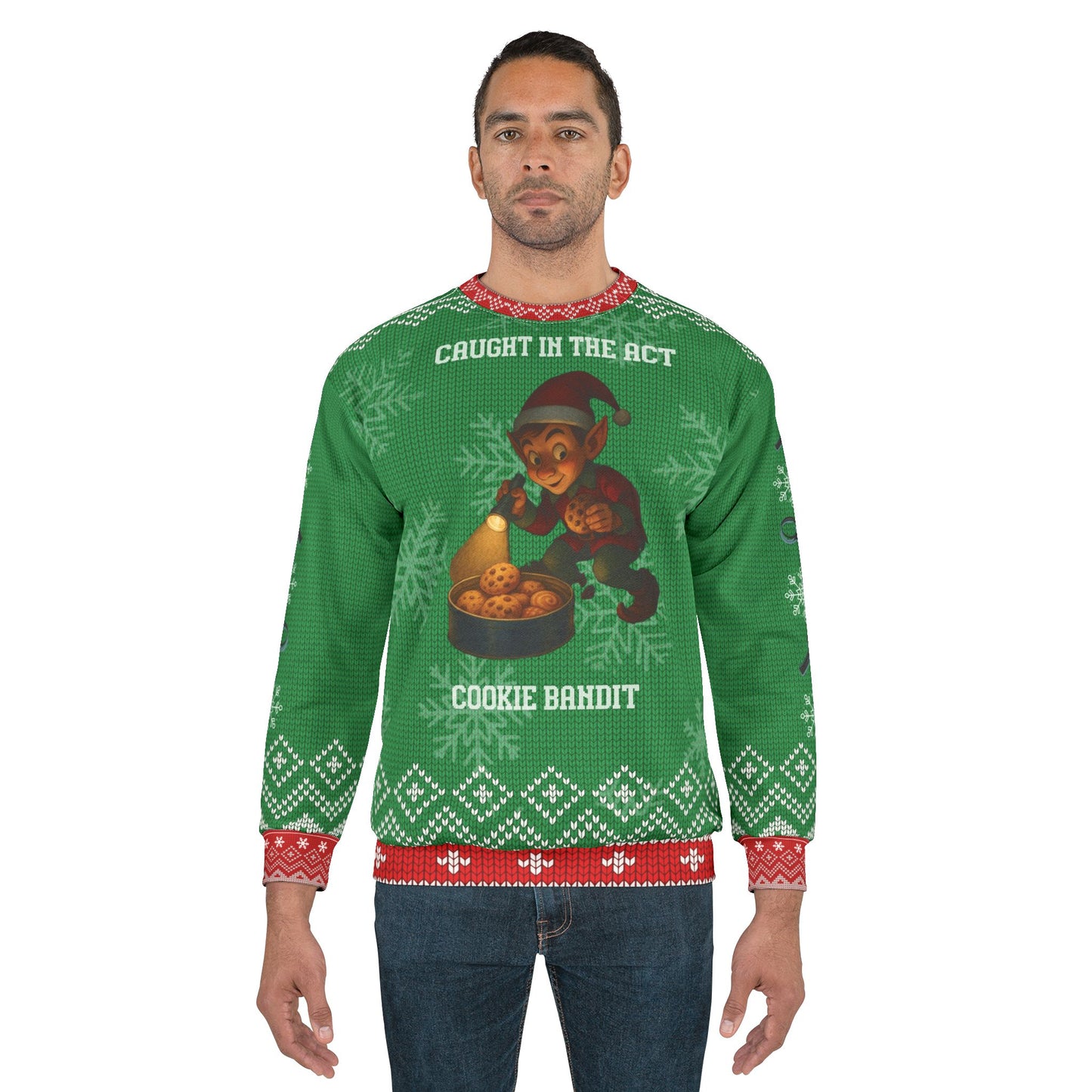 Funny Elf Christmas Sweater – “Caught in the Act: Cookie Bandit” Ugly Christmas Sweatshirt | Hilarious Holiday Sweater for Men & Women